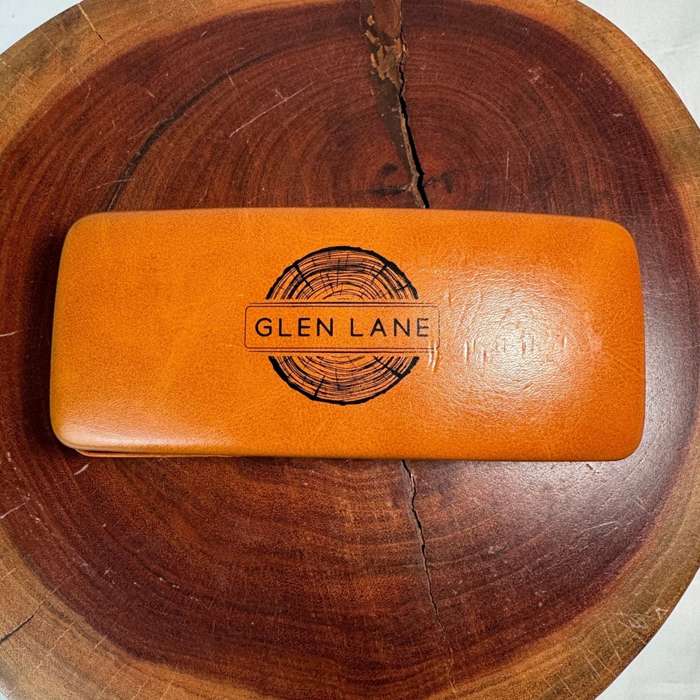 Glen Lane Tan Faux Leather Hard Shell Eyeglasses Sunglasses Case Wood Grain Logo
